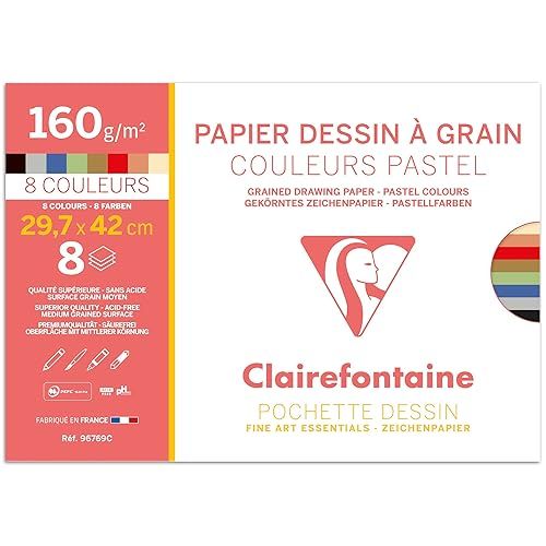 Papier Dessin À Grain - A3 29,7x42cm - Couleurs Pastel - Sans Acide - 8 Feuilles - 160g - Clairefontaine