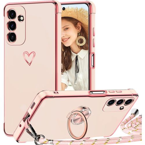 Coque Pour Samsung Galaxy A36 5g Avec Cordon Et 360 Degrés Anneau Support, Étui Housse Antichoc Souple Silicone Tpu Bumper Portable Protection Case Avec Amovible Collier, Rose