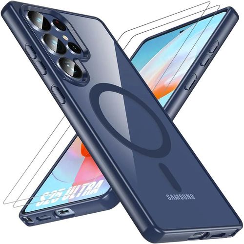 Coque + 2 Verres Trempés Pour Samsung Galaxy S25 Ultra, Protection Avec Anneau Magnétique, Antichoc Bleu Marine - E.F.Connection