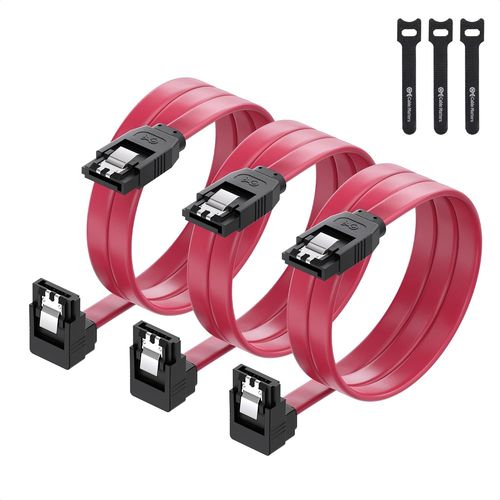 KALANKA-Lot de 3 Cable Sata 3, Câble Sata III à Angle Droit de 90 Degrés 60 cm de Ensemble 3 Pièces SATA III 6.0 Gbps, Rouge