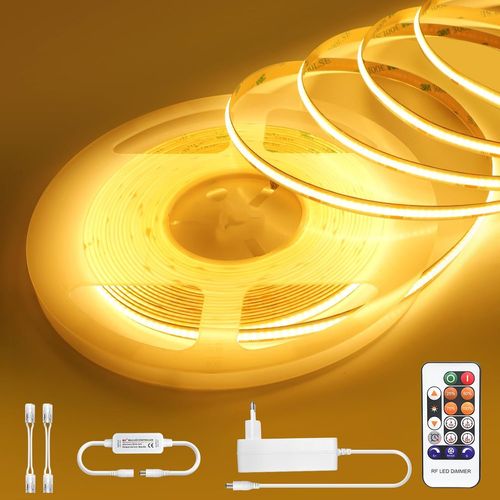 Ruban Led 10m Blanc Chaud 3000k, 24v Bande Led Cob Dimmable Avec Alimentation Et Télécommande, Ip44 Étanche Rubans À Led Avec Luminescence Uniforme, Adhésif Strip Light Pour Chambr[Rub9223890]