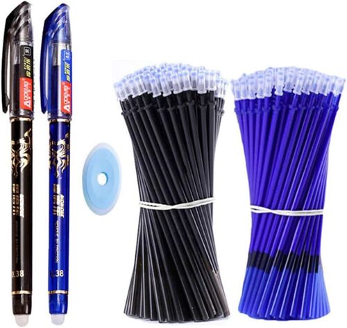 Kalanka-Lot De 2 Stylos Le Stalk 0,5 Mm, 20 Recharges Et 1 Gomme Stylos Effaçables Pour Enfants, Étudiants, Adultes (Noir, Bleu)