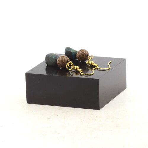 Boucles D'oreilles 2 Perles Chrysocolle Des Usa + Bois 8 Mm En Acier Fabriqué En France.