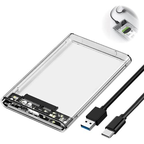 TYE-6Gbps Boîtier Disque Dur 2,5'' USB C 3.1 Gen 2 Boitier Externe Disque pour SATA HDD et SSD de 2,5'' 7/9.5mm Boitier SSD accélération UASP & Trim, sans Outils, Câble USB C Inclus, Transparent