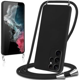 AEFJ-Coque avec Cordon pour Samsung Galaxy S22 Ultra 5G Collier Lanière Silicone Liquide Bumper Housse Réglable Téléphone Étui Portable Lanyard Case Cover Protection,Noir