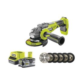 Pack RYOBI meuleuse d'angle brushless 18V One+ R18AG7-0 - 1 batterie 18V 5.0Ah - 1 chargeur rapide - kit de 6 disques 125 mm
