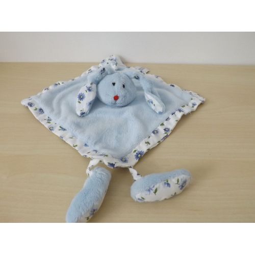 Doudou Lapin Bleu Blanc Fleuris Aubert