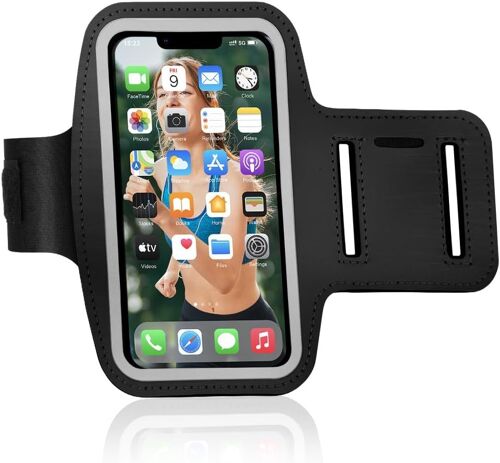 JGD-Brassard de Sport, Universel Brassard Telephone de Sport avec Poche Écouteu clé, pour iPhone 13/13 Pro/14/14 Pro/X, Galaxy S22, Smartphones de Moins 6,1 Pouces, Noir