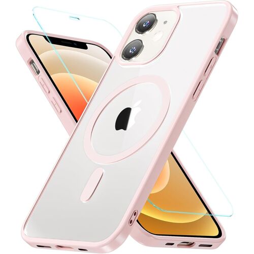 CAUC-Coque pour iPhone 12, Coque iPhone 12 Pro Compatible avec MagSafe avec Verre Trempé, [Protection Militaire] Magnétique Étui Arrière Housse Fine Antichoc Case pour iPhone 12/iPhone 12 Pro, Rose