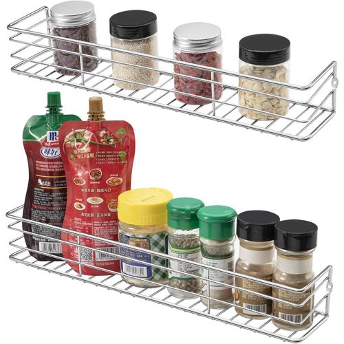 TIANYI-Porte Epices Mural Cuisine, Etagere a Epices Murale, Etagere Epices Cuisine Montages Adhesif ou Percage, 8,0P x 40,0l x 6,0H cm, Métal, Argent (Paquet de 2)