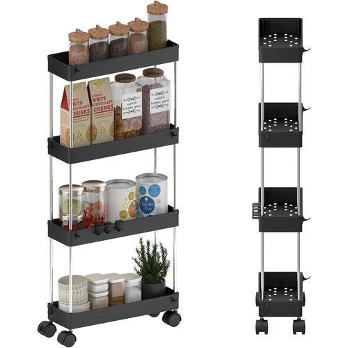 Ihdih-Chariot Cuisine Desserte Cuisine Étagère Roulante Desserte À Roulettes Sur 4 Niveaux Mobile Pour Cuisine, Salle De Bain, Chambre, Buanderie, Espace Étroit, Montage Facile, Noir