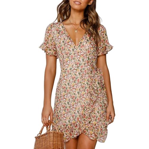 Cauc-Robe De Plage Femme Ete Fleurie Portefeuille Col En V Manches Courtes