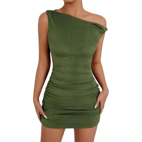 Tuyiu-Robe Moulante Femmes Sexy Sans Manches Une Épaule Robes Courte Ete Élégante Slim Mini Robe Fourreau Asymétriques Plissée Bodycon Wrap Robes De Soiree Clubbing Cocktail Fête