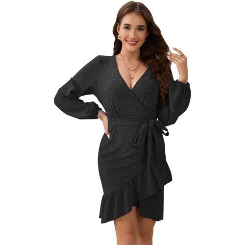 Tuyiu-Robe Femme Manches Longues Col En V À Volants Robes Glitter Élégant Chic Bodycon Sexy Slim Avec Ceinture De Soirée Party Cocktail
