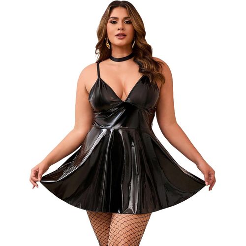 Tuyiu-Grande Taille Robe Sexy Femme Erotique Simili Cuir Mini Robe Courte Moulante Robe Club Libertin Chic Robe Soirée Col V Ensemble Lingerie Avec Ras De Cou Tenue Sexy Pute Wetlook Bodycon