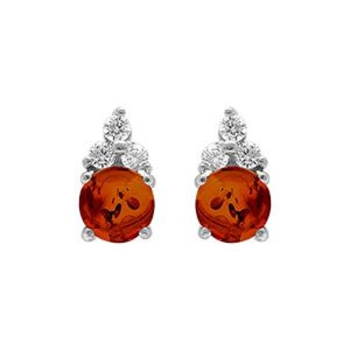 Boucles D'oreilles Tige Argent Rhodié Et Ambre Véritable Avec 3 Oxydes Blancs