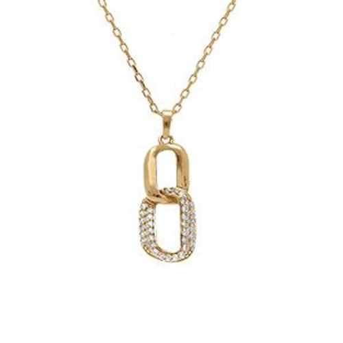 Collier Argent Doré Pendant 2 Éléments Entremélé 1 Lisse Et 1 Contour Oxydes Blancs