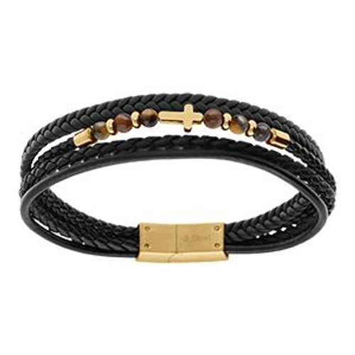 Bracelet Acier Cuir Et Noir Multi Rangs Oeil De Tigre 21cm