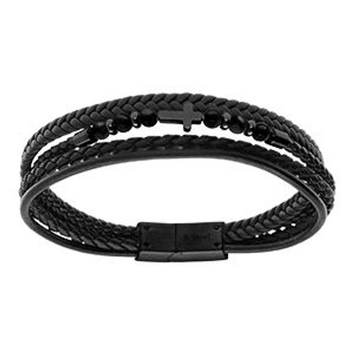 Bracelet Acier Cuir Et Noir Multi Rangs Agate Noire 21cm