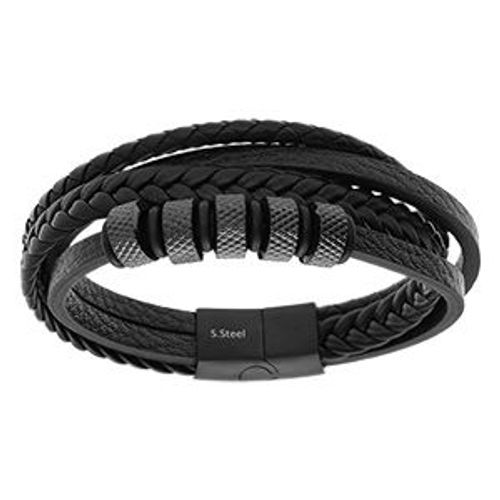 Bracelet Acier Cuir Et Noir Multi Rangs 21cm