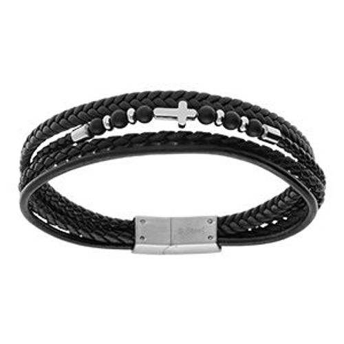 Bracelet Acier Cuir Et Noir Multi Rangs 21cm