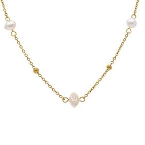 Collier Acier Doré Perle De Culture D'eau Douce Blanche Et Boules Dorées 38.5+5cm