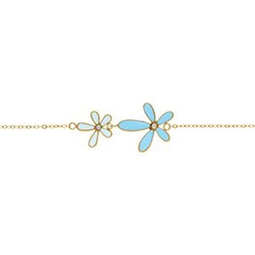 Bracelet Acier Doré 2 Fleurs Résine Bleu 17+3cm
