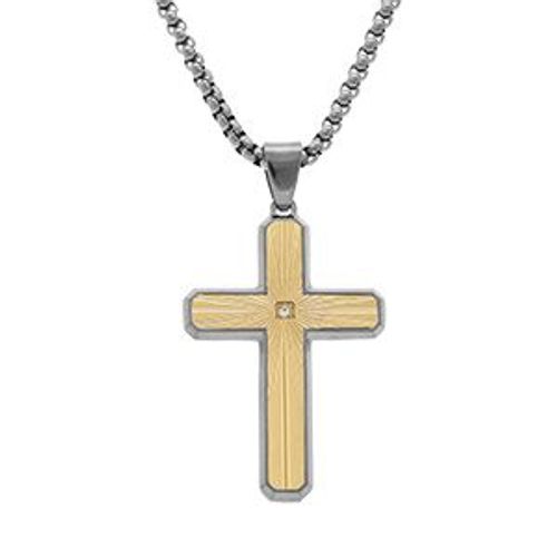 Collier Acier Pendentif Croix Acier Doré Striée 38x26mm Avec Oxyde Blanc 50+10cm