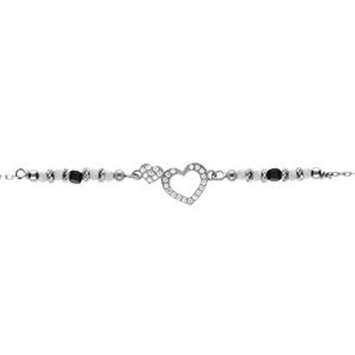 Bracelet Argent Rhodié Coeur Contour Oxydes Blancs Sertis Avec Verre Blanc 16+3cm