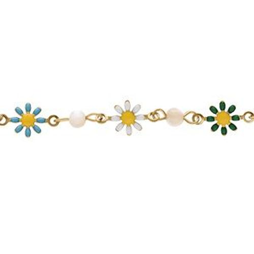 Bracelet Acier Doré Fleurs Résine Multi Couleurs Et Boules Nacre Blanche Véritable 16+3cm