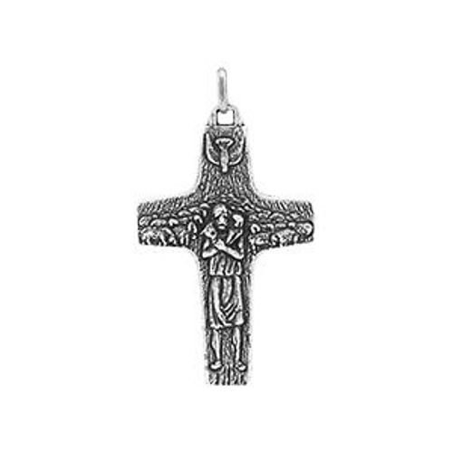 Pendentif Argent Patiné Brillant Croix Bon Pasteur 45x30mm