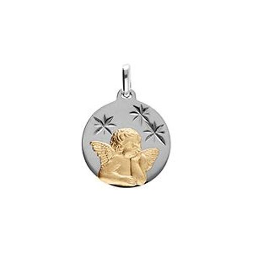 Pendentif Argent Platiné Et Argent Doré Médaille 15mm Diamanté Étoile Avec Ange