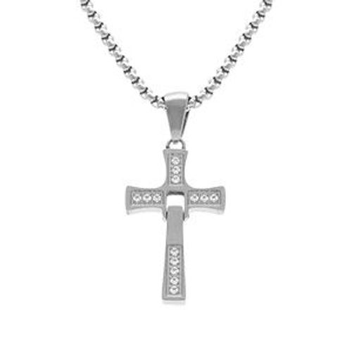 Collier Acier Pendentif Croix Articulée 20 X 14mm Avec Oxydes Blancs 45+10cm