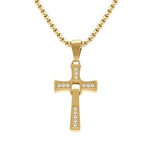 Collier Acier Doré Pendentif Croix Articulée 20 X 14mm Avec Oxydes Blancs 45+10cm