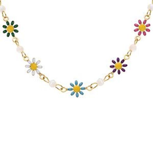 Collier Acier Doré Fleurs Résine Multi Couleurs Avec Boules Nacre Blanche Véritable 35+5cm