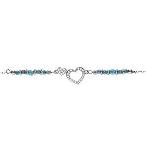 Bracelet Argent Rhodié Coeur Contour Oxydes Blancs Sertis Avec Verre Bleu 16+3cm