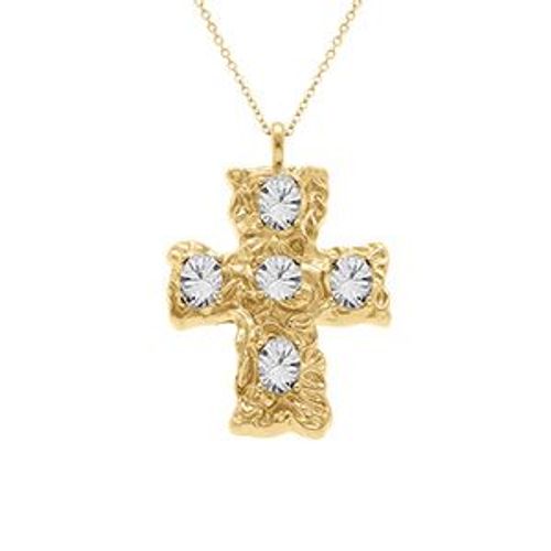 Collier Acier Doré Chaîne Forcat Pendentif Croix 33mm Oxydes Blancs 40+10cm