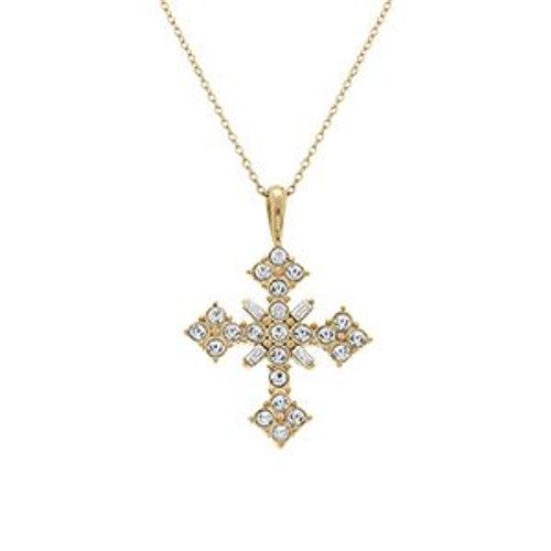 Collier Acier Doré Chaîne Forcat Pendentif Croix Stylisé 32mm Oxydes Blancs 45+10cm