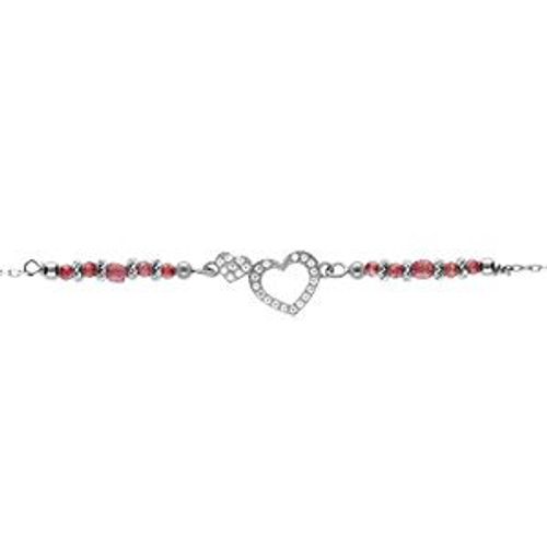 Bracelet Argent Rhodié Coeur Contour Oxydes Blancs Sertis Avec Verre Rouge 16+3cm