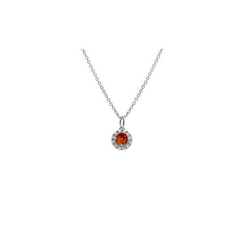 Collier Argent Rhodié Pendentif Ambre Véritable Contour Oxydes Blancs 42+3cm