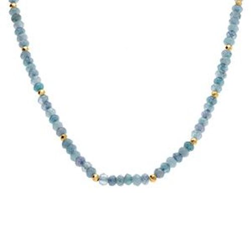 Collier Agate Bleu Ciel Véritable Et Boules Facetés Acier Doré 38+5cm