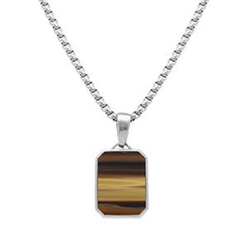 Collier Acier Pendentif Pierre Marron Imitation 22mmx15mm 59cm Réglable 54