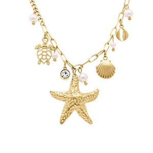 Collier Acier Pampilles Theme Mer Et Perles Blanches Imitation 43+5cm