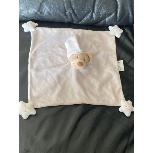 DOUDOU PLAT CARRÉ ROSE CLAIRE OURS LUNE ÉTOILE NATTOU 25*25CM