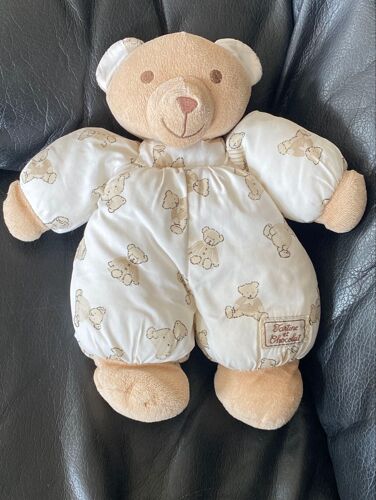 DOUDOU OURS BEIGE BLANC IMPRIMÉ OURSON TARTINE ET CHOCOLAT 26CM