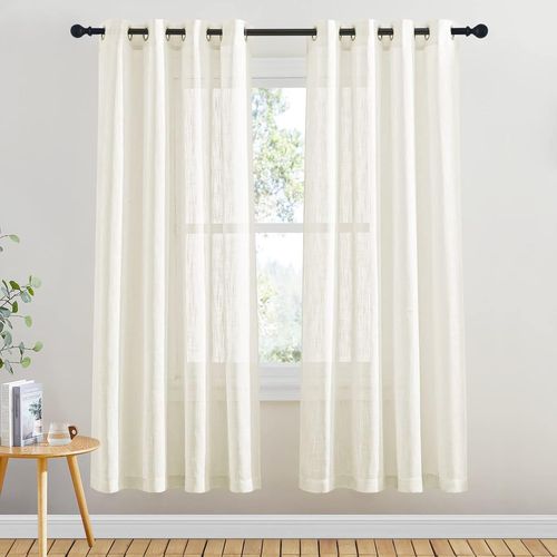 Ersan-Rideau Voilage Beige - Rideaux Et Draperies Voile En Lin Demi Transparent À Oeillets Tissu Souple Avec Motif De Croix Décor, L132 X H158 Cm, Beige Clair, 2 Pcs