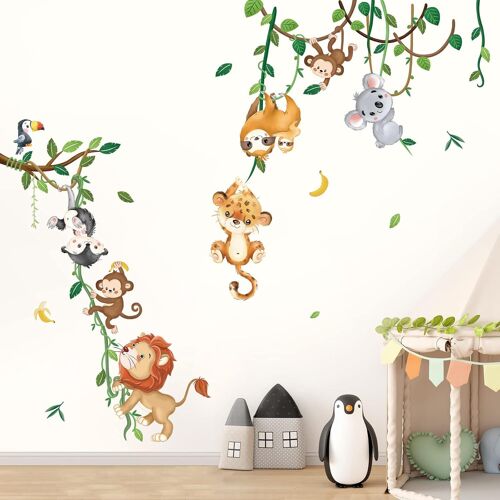 KALANKA-Stickers Muraux Animaux de la Jungle Vigne Autocollant Mural Koala Lion Singe Paresseux Décoration Murale Chambre Enfants Bébé Pépinière Salon