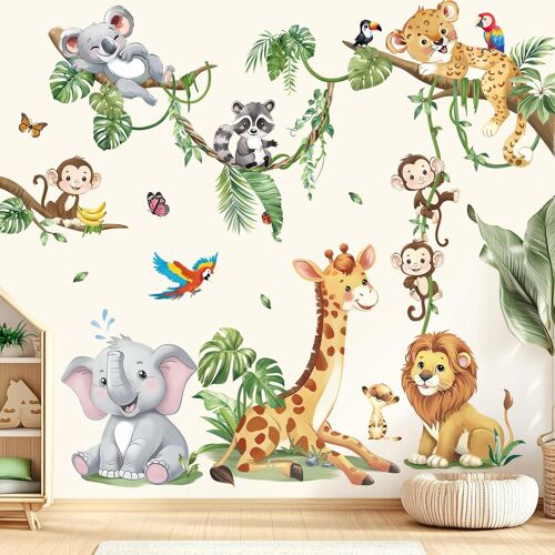 KALANKA-Stickers Muraux Enfant Animaux de la Jungle Arbre Branche Autocollant Mural Girafe Éléphant Lion Décoration Murale Bébé Pépinière Chambre Enfants