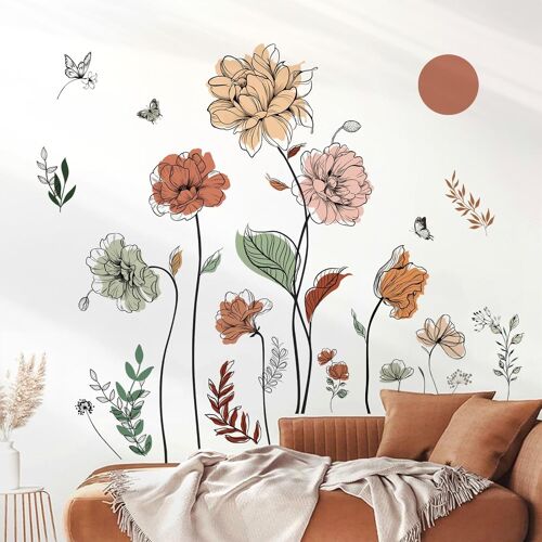 KALANKA-Stickers Muraux Fleur de Jardin Boho Autocollant Mural Floral Plante Bohème Décoration Murale Chambre Enfants Bébé Salon TV Mur