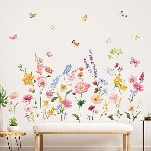 KALANKA-Stickers Muraux Fleur de Jardin Autocollant Mural Floral Rose Papillon Décoration Murale Chambre Enfants Salon